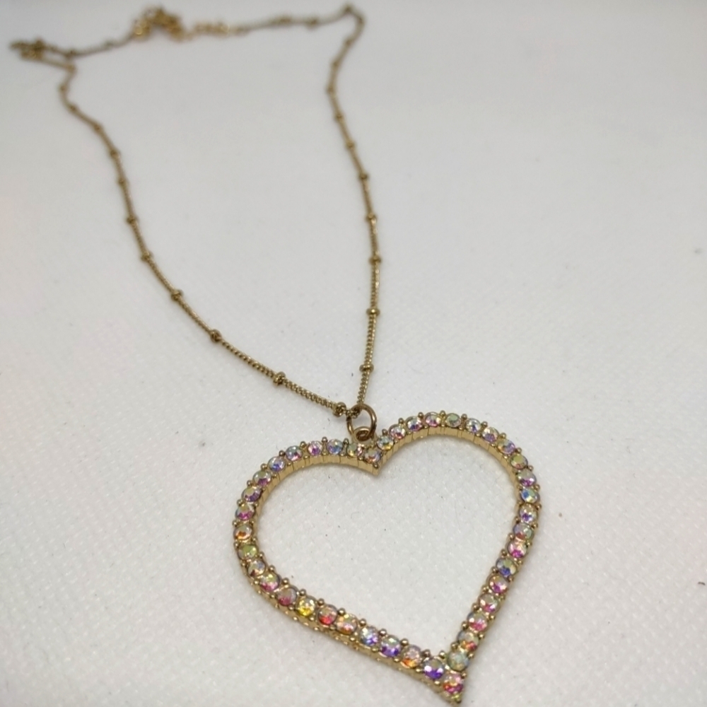 👍 5 for $20 gold Tone Aurora Borealis Crystal Open Heart Pendant Necklace